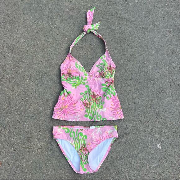 Lilly Pulitzer Pink and Green Floral Halter Tankini Bikini Set XS - Picture 1 of 8